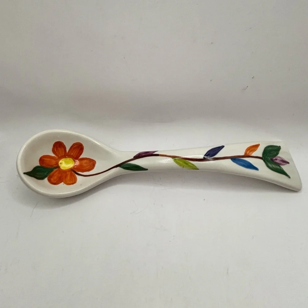 Hand-Painted Floral Ceramic Decorative Spoon - Orange Flower 7.5” long